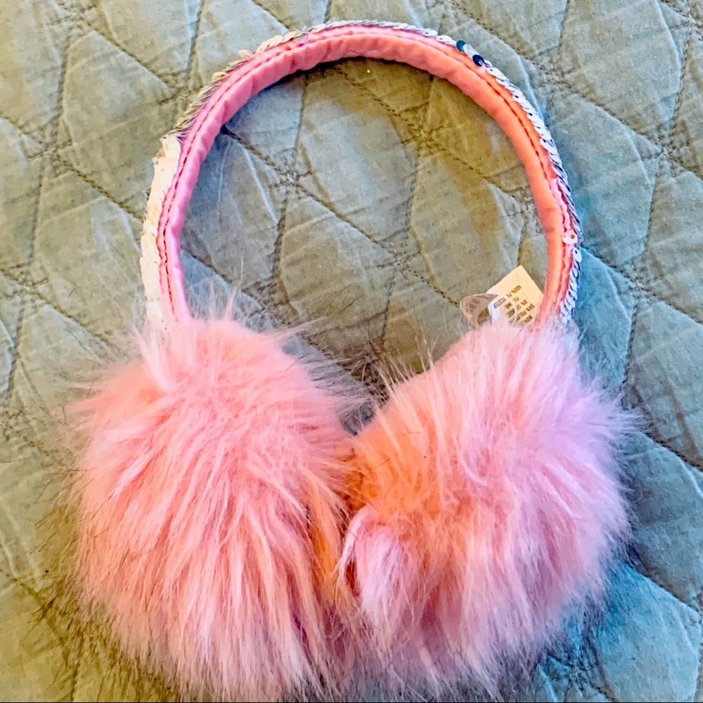 Pink fuzzy flipping sequins earmuffs - girls